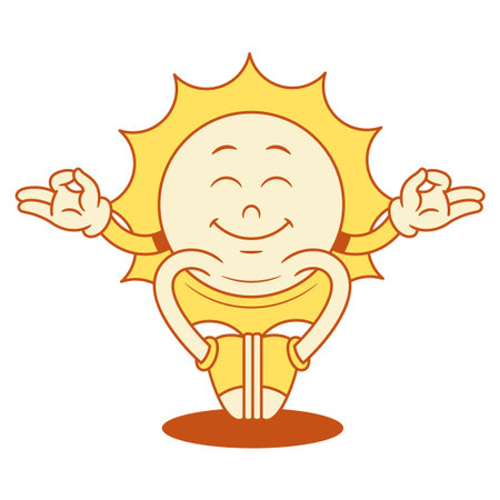 Happy yellow sun cartoon character yoga meditation contoured vector flat illustration. Smiling comic summer sunlight sunshine vacation mascot relax life balance meditating posture namaste mindfulnessのイラスト素材