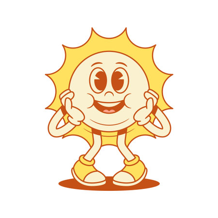 Cute adorable yellow sun cartoon character smiling surprise contoured vector flat illustration. Funny comic summer sunshine sunlight vacation mascot joyful having fun astonished with positive emotionのイラスト素材
