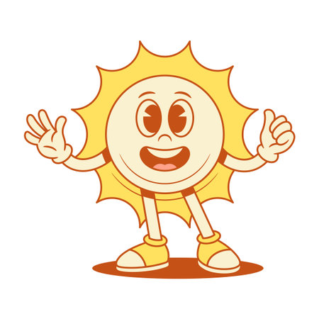Comic yellow sun cartoon character hi hello greeting contoured vector flat illustration. Funky adorable cute summer sunlight sunshine vacation mascot waving hand welcome cool thumb upのイラスト素材