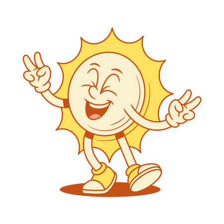 Overjoyed yellow sun cartoon character smiling contoured vector flat illustration. Happy comic cheerful summer sunlight sunshine vacation mascot peace gesture playing having fun positive emotionのイラスト素材
