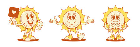 Happy comic yellow sun cartoon character set contoured vector flat illustration. Smiling positive summer sunlight sunshine vacation mascot like signboard showing heart welcome greetingのイラスト素材