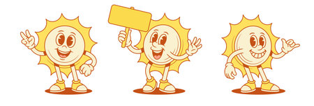 Cute cheerful yellow sun cartoon character set contoured vector flat illustration. Funky comic summer sunlight sunshine vacation mascot with signboard promo surf relax greeting hi helloのイラスト素材