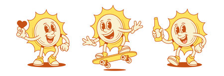 Cute positive yellow sun cartoon character set contoured vector flat illustration. Smiling comic summer sunlight sunshine vacation mascot with beer heart love like skateboard riding trickのイラスト素材