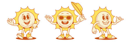 Cute smiling yellow sun cartoon character set contoured vector flat illustration. Happy positive summer sunlight sunshine vacation mascot in sunglasses with hat hi hello surf relax gestureのイラスト素材