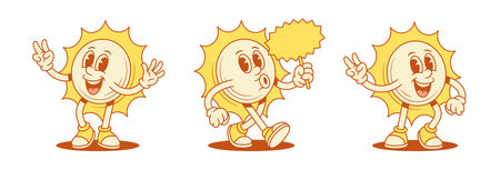 Happy cheerful yellow sun cartoon character set contoured vector flat illustration. Smiling cute positive summer sunlight sunshine vacation mascot with signboard promo hi hello greeting friendly peaceのイラスト素材