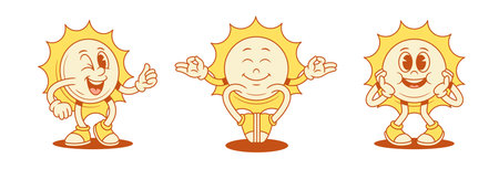 Funky smiling yellow sun cartoon character set contoured vector flat illustration. Happy cute adorable summer sunlight sunshine vacation mascot yoga meditation relax hi hello greetingのイラスト素材