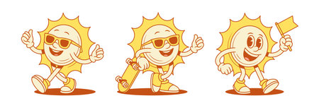 Funky smiling yellow sun cartoon character set contoured vector flat illustration. Happy cute adorable summer sunlight sunshine vacation mascot in sunglasses with skateboard and flagのイラスト素材