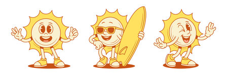 Smiling positive yellow sun cartoon character set contoured vector flat illustration. Happy comic summer sunlight sunshine vacation mascot in sunglasses with surfboard hi hello greeting welcomeのイラスト素材