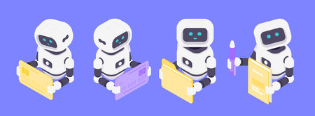 Isometric vector illustration of four AI robots managing finance, data security, transactions and...
