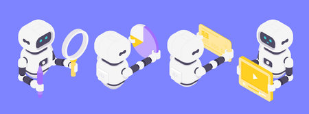 Isometric vector illustration showing four AI robots focused on data analysis, visualization, finance management, and multimedia content emphasizing artificial intelligence and advanced technology.のイラスト素材