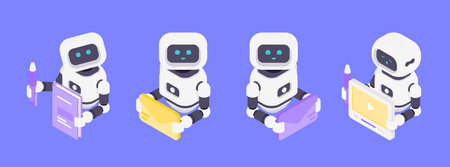 Isometric vector illustration featuring friendly AI robots engaged in learning, data management, content creation, and multimedia processing emphasizing artificial intelligence and digital innovation.のイラスト素材