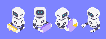 Isometric vector illustration featuring AI robots symbolizing messaging, mobile apps, data analysis,...