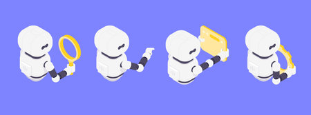 Isometric vector illustration depicting AI chatbot robots engaged in data analysis, internet search, automation, and system optimization within a modern technological environment.のイラスト素材
