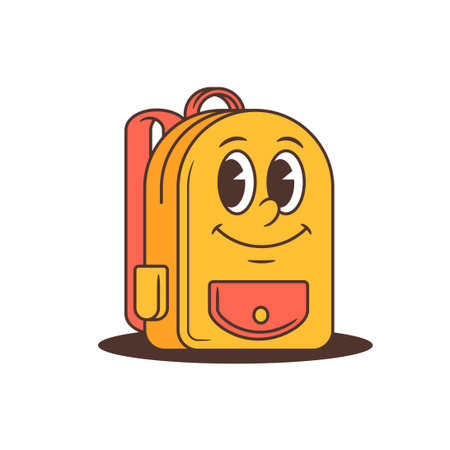 Cartoon school backpack mascot with large expressive eyes, cheerful smile, coral front pocket, and bold outlines in retro design. Perfect for searching retro cartoon character or funny school backpackのイラスト素材