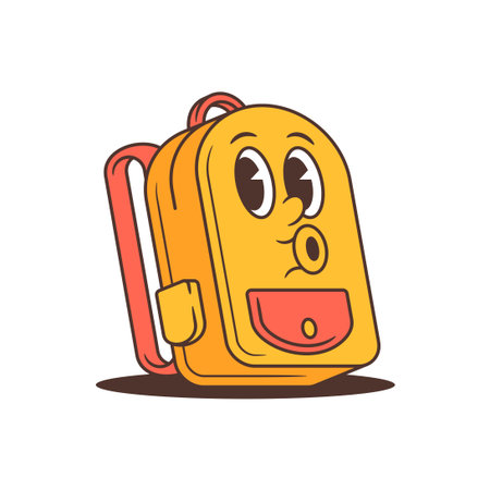 Cartoon school backpack mascot with wide curious eyes, playful O shaped mouth and bright red pocket in bold retro style. Ideal for retro cartoon character or funny school backpack. Vector illustrationのイラスト素材