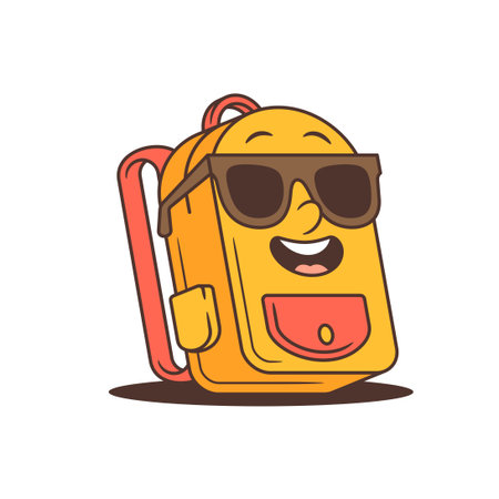 Cartoon school backpack mascot with dark sunglasses and vibrant red pockets. Ideal for children branding, school projects, fun mascot themes, and retro cartoon character searchesのイラスト素材