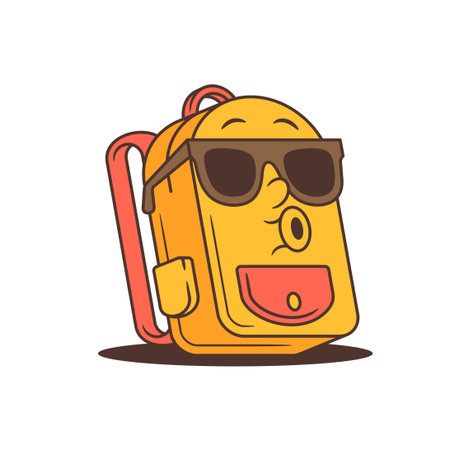 Playful yellow school backpack character with bold sunglasses and comic-style outlines. Perfect for retro cartoon mascot design, fun educational materials, and back-to-school themesのイラスト素材