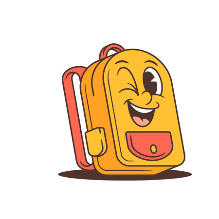 Yellow school backpack mascot with one winking eye, big smile, and retro comic look. Ideal for funny cartoon character concepts, back-to-school visuals, educational graphics, and playful mascot designのイラスト素材