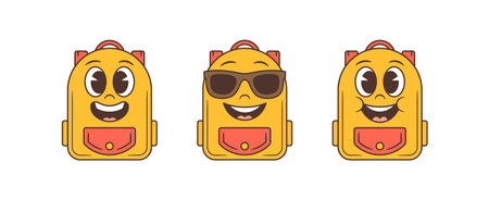 Retro cartoon school backpack mascot set featuring vibrant yellow bags. Expressive joyful faces convey happiness and friendliness, ideal for educational projects, kids branding, and fun school themesのイラスト素材
