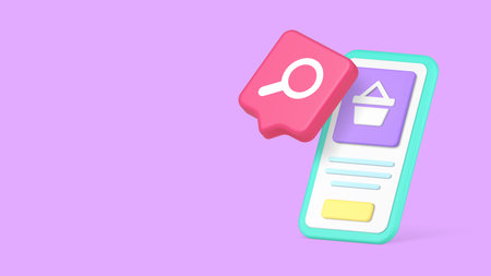 Ecommerce interface concept with smartphone screen, shopping cart and magnifying glass inside speech bubble, perfect for online retail and product search. 3d icon copy space banner vector illustrationのイラスト素材