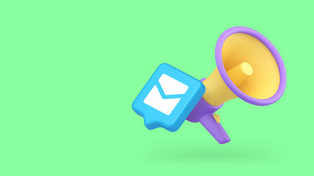 Bright loudspeaker combined with email icon representing messaging, communication, and digital marketing strategies for media campaigns. 3d realistic icon copy space banner vector illustrationのイラスト素材