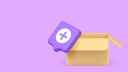 Open cardboard box combined with vibrant add button symbolizing logistics, delivery, and inventory management for branding, apps and marketing materials. Copy space banner vector illustrationのイラスト素材