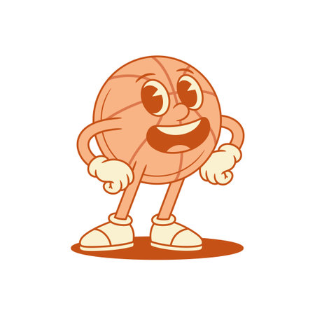 Comic basketball ball cartoon character happy contoured vector flat illustration. Smiling cheerful sport team game tournament mascot with legs and hands laughing having fun with positive emotionのイラスト素材