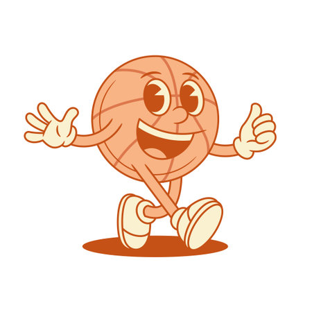 Smiling basketball ball cartoon character thumb up contoured vector flat illustration. Happy comic sport team game tournament mascot welcome greeting hi hello cool good recommend win victory gestureのイラスト素材