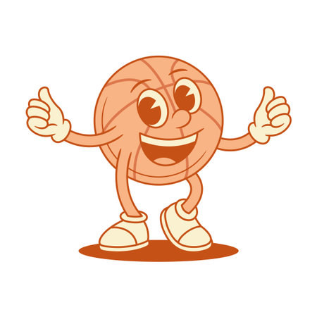 Comic funny basketball ball cartoon character cool thumb up contoured vector flat illustration. Smiling cute sport game team club tournament mascot good recommend best choice victory positive emotionのイラスト素材