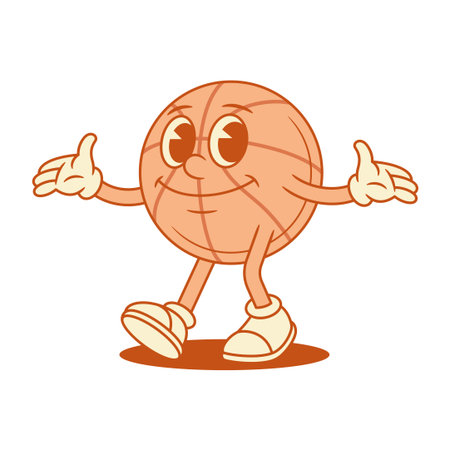 Cute funny basketball ball cartoon character welcome gesture contoured vector flat illustration. Smiling comic team sport game tournament win mascot greeting hospitality hi hello congratulationsのイラスト素材