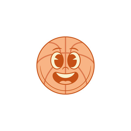 Funny smiling basketball ball cartoon character emoji contoured vector flat illustration. Cute cheerful adorable sport team game match tournament mascot having fun comic emoticon with positive emotionのイラスト素材