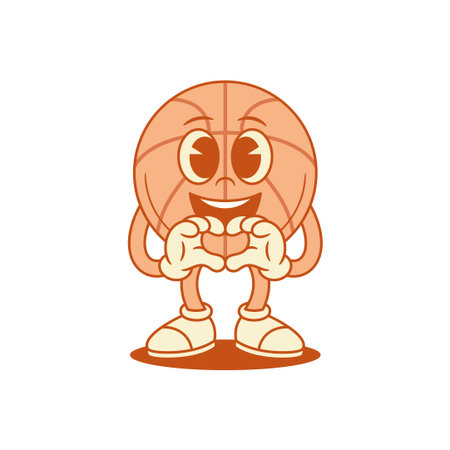 Funny basketball ball cartoon character showing heart gesture contoured vector flat illustration. Happy smiling sport team game tournament victory mascot love like enamored best choice positive emojiのイラスト素材