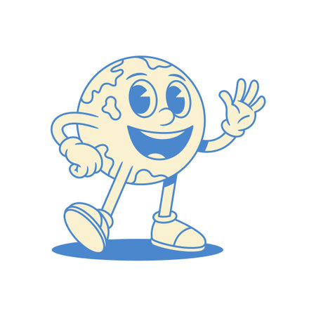 Cheerful funny global Earth cartoon character greeting hi contoured vector flat illustration. Smiling happy globe planet ecology environment education mascot welcome hello gesture waving handのイラスト素材
