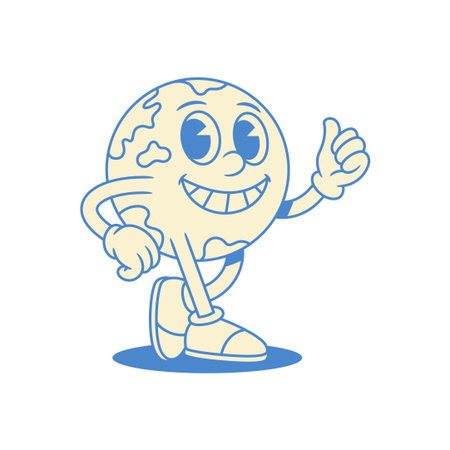 Comic globe Earth planet cartoon character walking smile contoured vector flat illustration. Cute cheerful funny global funky map ecology environment nature minimalist mascot going positive emotionのイラスト素材