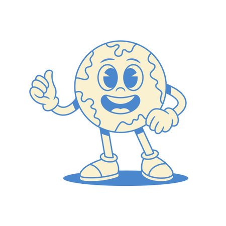 Comic globe Earth planet cartoon character thumb up contoured vector flat illustration. Smiling funny minimalist global travel geography education ecology environment mascot cool good best choiceのイラスト素材