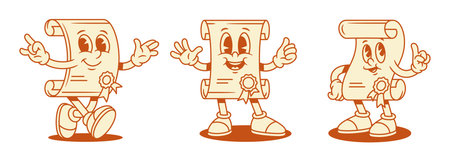 Cheerful diploma education cartoon character comic set contoured vector flat illustration. Cute funky minimalist degree graduation certificate mascot rock peace welcome gesture pensive idea attentionのイラスト素材