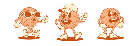Funny comic basketball ball cartoon character mascot set contoured vector flat illustration. Adorable cute team sport game mascot in sunglasses wearing cap greeting laughing positive emotionのイラスト素材