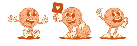 Funky basketball ball cartoon character happy mascot set contoured vector flat illustration. Cute adorable team sport game club tournament personage idea thumb up best choice like love signboardのイラスト素材