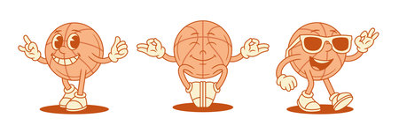 Comic basketball ball cartoon character set funny personage contoured vector flat illustration. Smiling cool team club sport game tournament mascot summer sunglasses good best choice yoga meditationのイラスト素材