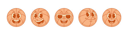 Smiling emoji basketball ball cartoon character set contoured vector flat illustration. Happy cute team sport game club tournament mascot emoticon cheerful comic rejoicing in sunglasses having funのイラスト素材