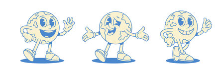 Comic globe Earth planet cartoon character smiling set contoured vector flat illustration. Positive happy minimalist global travel education nature ecology environment mascot greeting welcome coolのイラスト素材