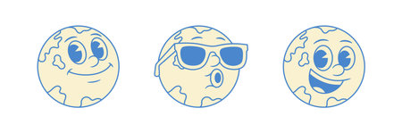 Comic emoticon globe Earth planet cartoon character set contoured vector flat illustration. Smiling funky minimalist global travel ecology environment mascot smiley sunglasses joy rejoicing happy faceのイラスト素材