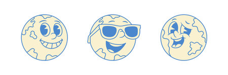 Happy face globe Earth planet cartoon character emoji set contoured vector flat illustration. Cute cheerful minimalist emoticon global travel ecology environment education mascot smiling in sunglassesのイラスト素材