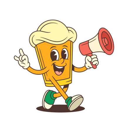 Cheerful cartoon beer glass with foamy head walking joyfully, holding red megaphone and showing rock hand sign with confident expression. Great for brewery branding. Vector illustrationのイラスト素材