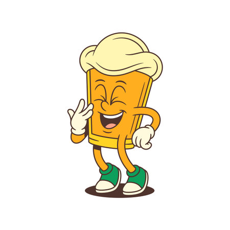 Joyful cartoon beer glass character with foamy head laughing with eyes closed and hand over mouth in expressive gesture. Perfect for beer branding and events. Vector illustrationのイラスト素材