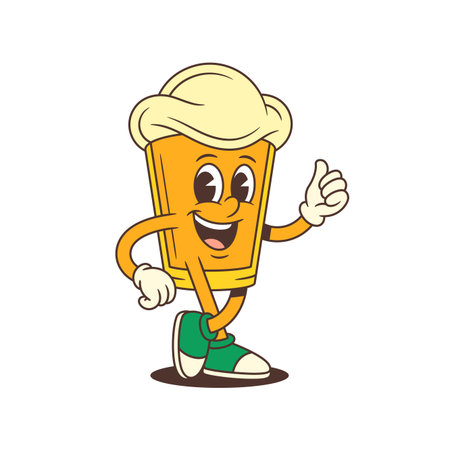 Joyful yellow cartoon beer glass mascot with large foamy head smiling brightly while showing thumbs up gesture with left hand. Perfect for brewery branding and beer festival. Vector illustrationのイラスト素材