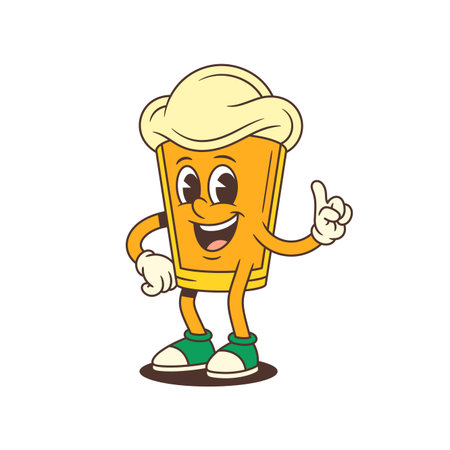 Cheerful cartoon beer glass mascot stands confidently showing thumbs up gesture to draw attention to important information. Ideal for brewery branding and beer festival. Vector illustrationのイラスト素材