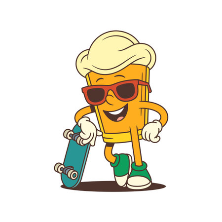 Yellow cartoon beer glass mascot smiles confidently while leaning on a skateboard wearing red sunglasses. Ideal for brewery branding, beer festivals, and promotional materials. Vector illustrationのイラスト素材