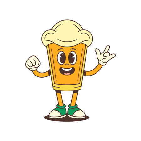 Funny cartoon beer glass mascot with a large foam head shows ILY gesture, radiating joy and friendliness. Perfect for brewery branding and beer events. Colorful vector illustrationのイラスト素材