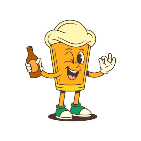 Cheerful cartoon beer glass mascot with foamy head winks and shows ok sign while holding a beer bottle. Suitable for brewery branding, bar promotions, and festive events. Bright vector illustrationのイラスト素材